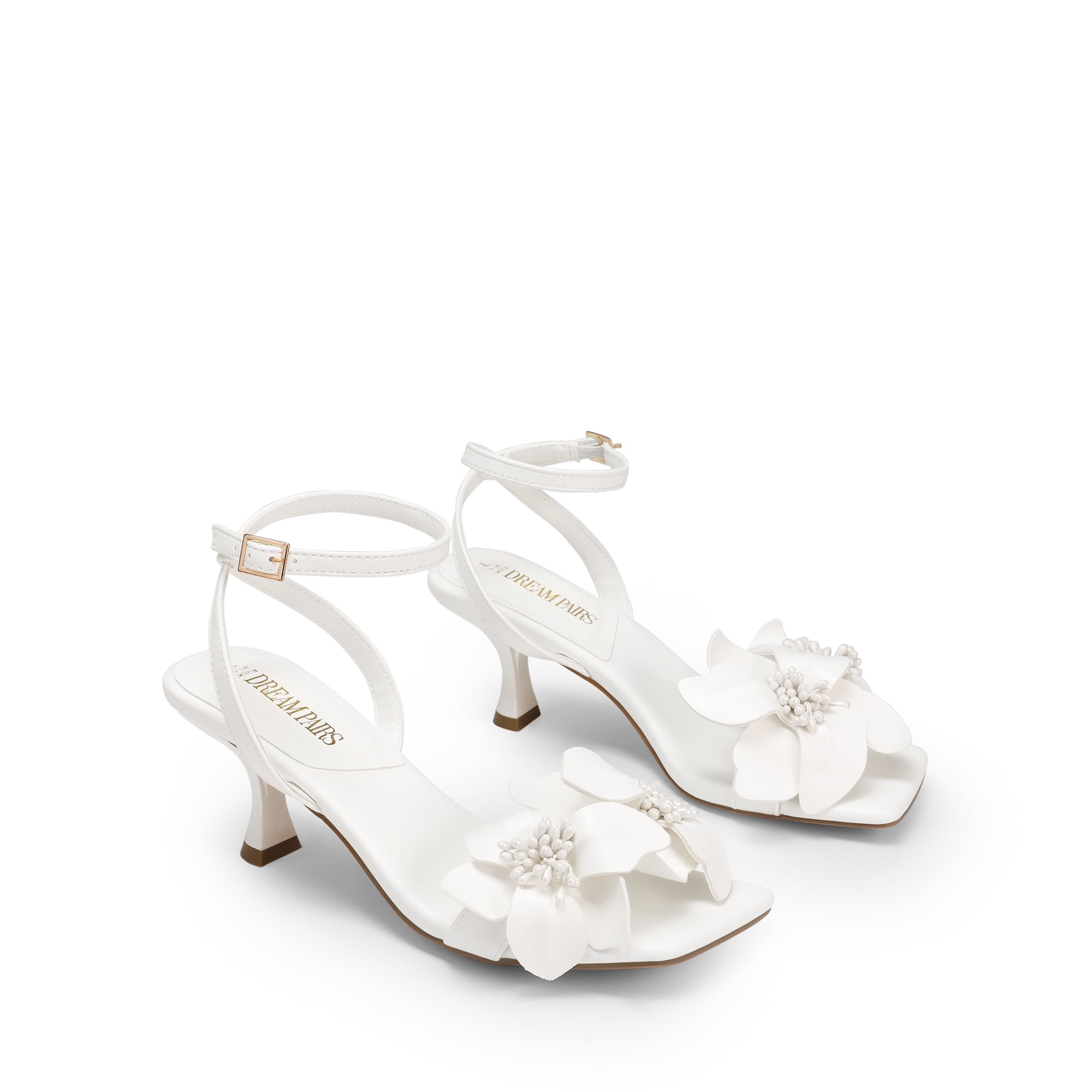 BURUDANI Women's Heels Square Toe Slingback Low Kitten Heels Sandals Flower Wedding